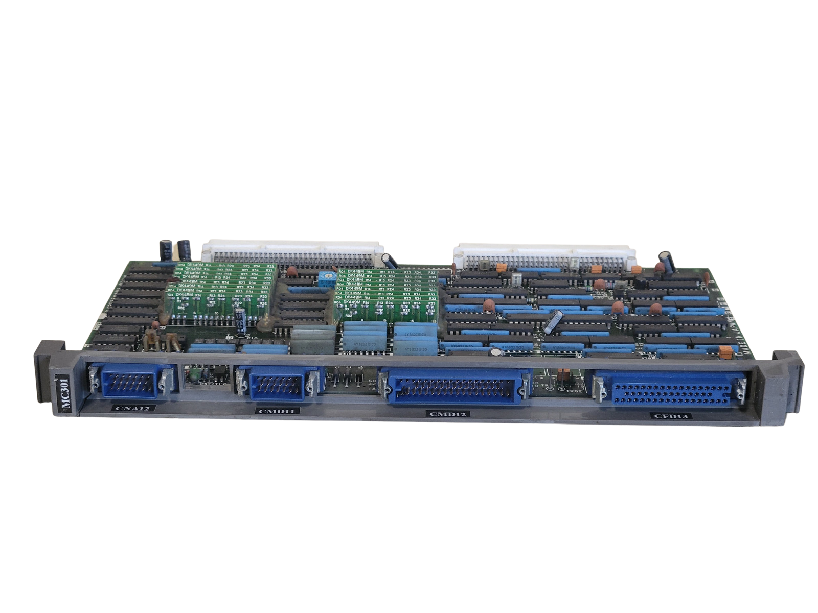 Computer motherboard with various connectors on a white background