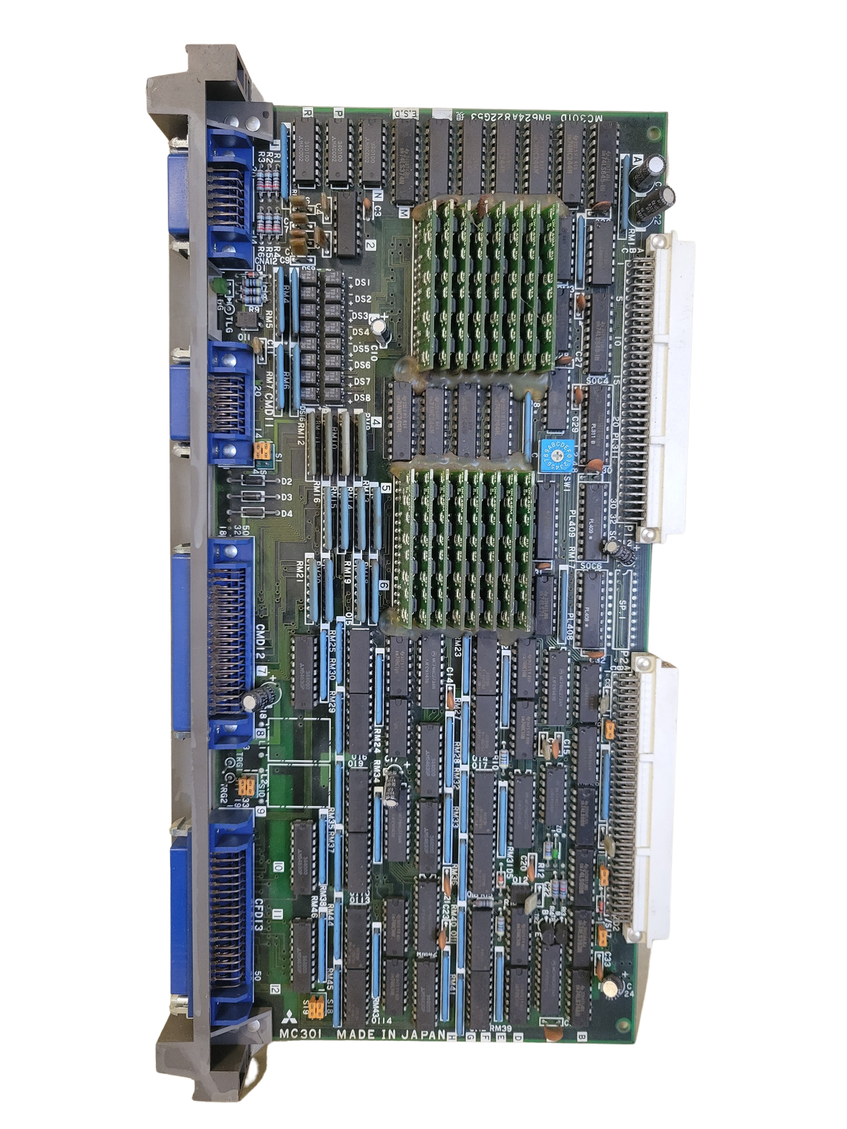 Electronic circuit board with various components on a white background