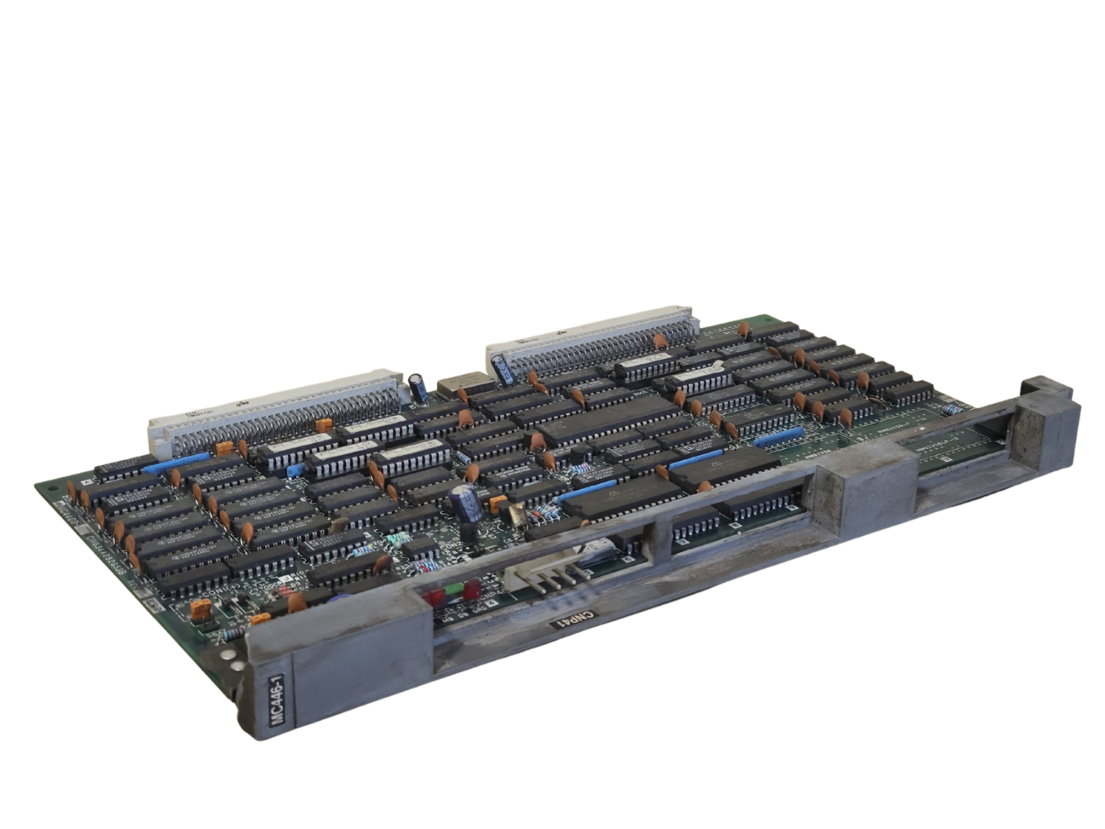 Electronic circuit board with various components on a white background
