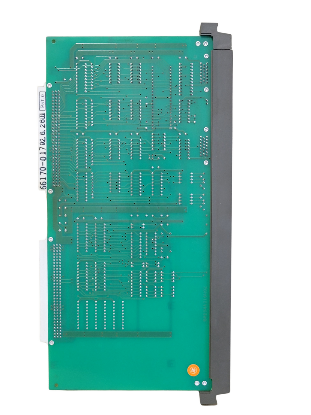 Green electronic circuit board with a brand logo on a white background