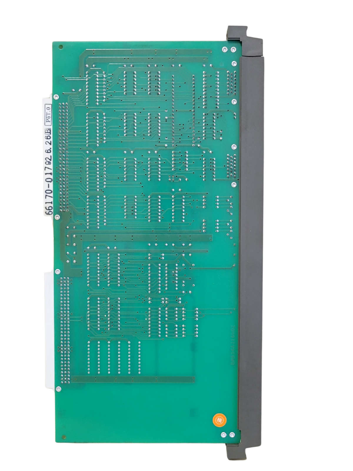 Green electronic circuit board with a brand logo on a white background