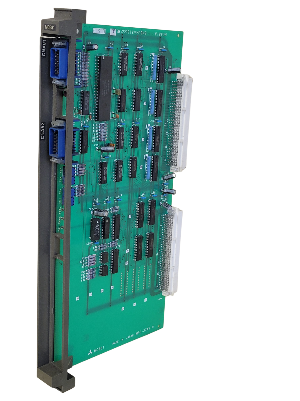 Electronic circuit board with various components on a white background