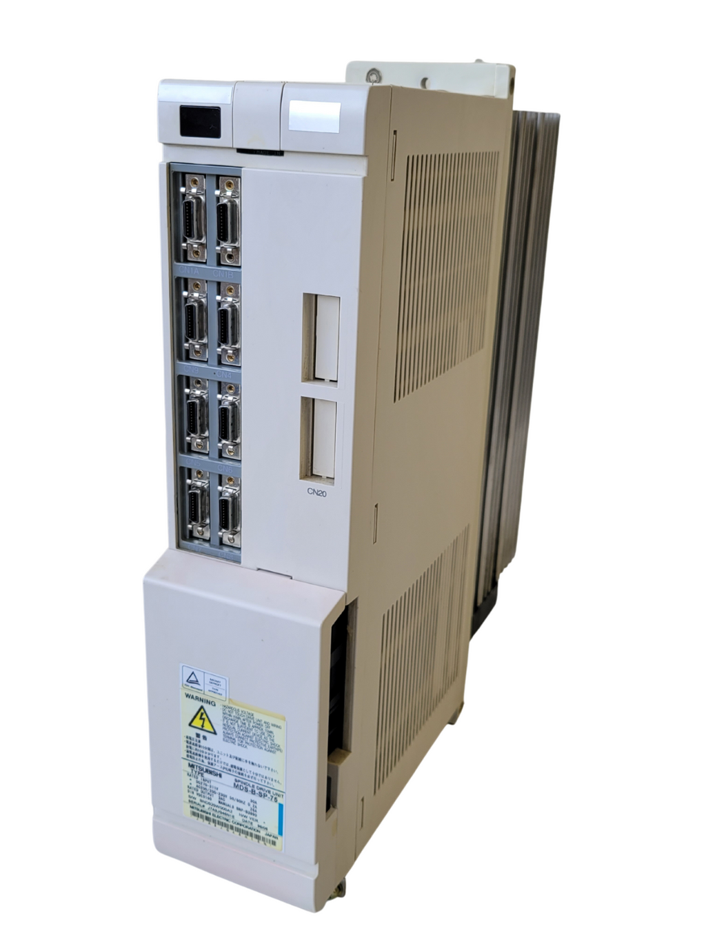 Industrial electronic control panel with various connectors and a warning label on a white background