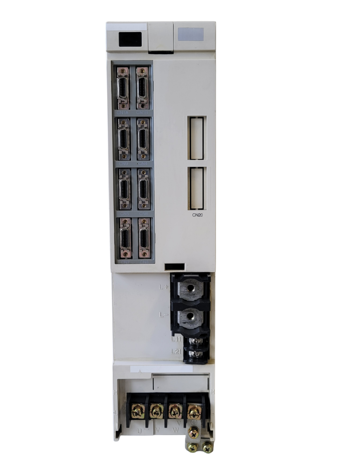 Electrical panel with various connectors on a white background