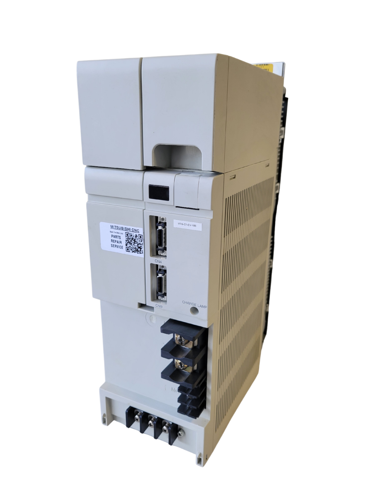 Electrical switchgear cabinet with multiple connectors on a white background