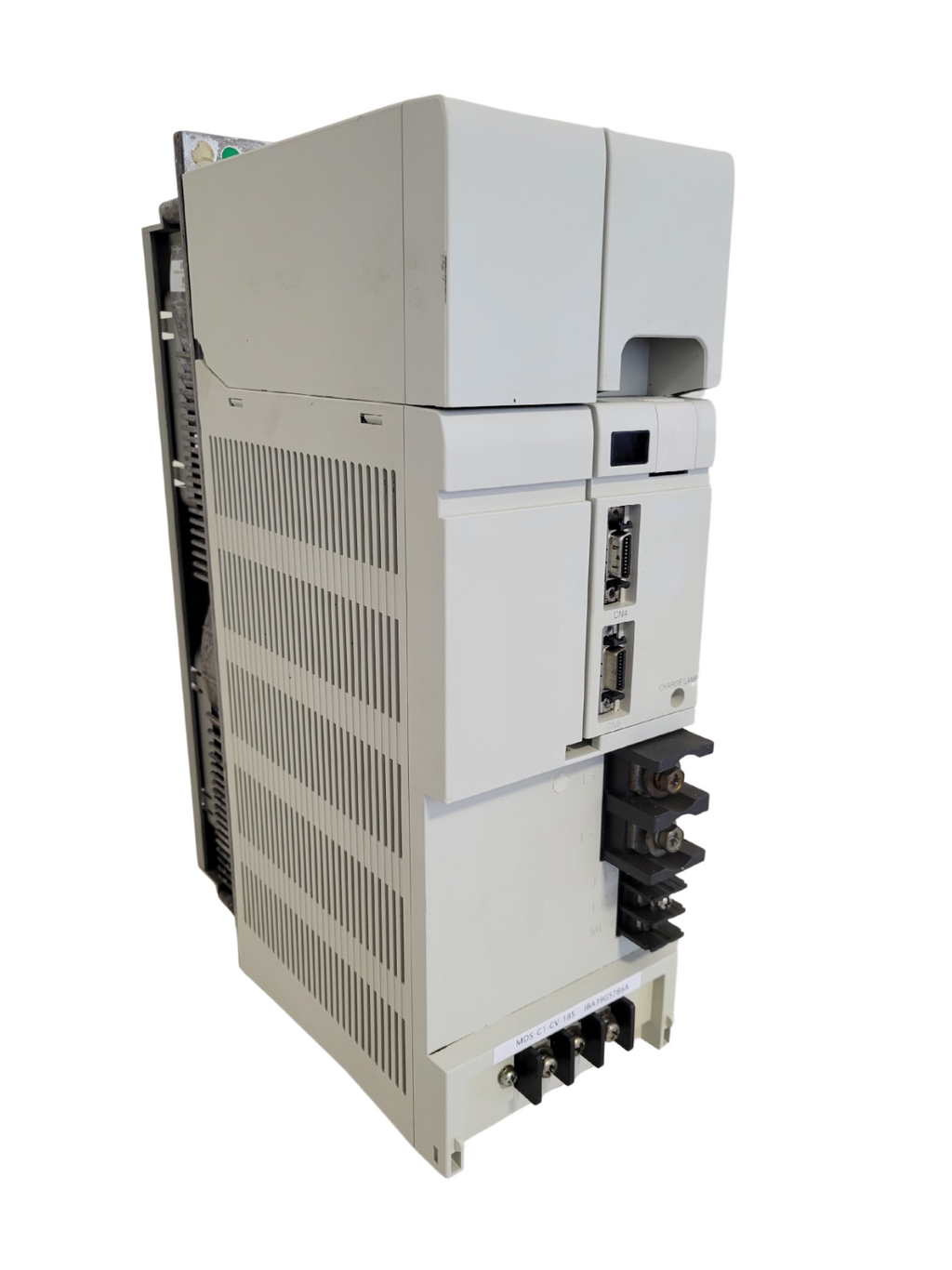 Electrical control panel with various connectors and switches on a white background