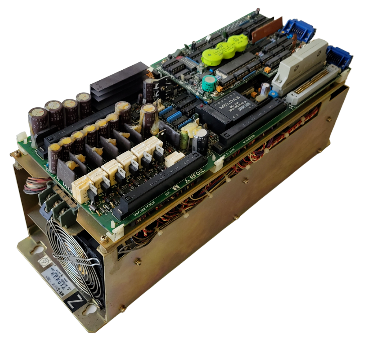 Electrical control panel with various components on a white background