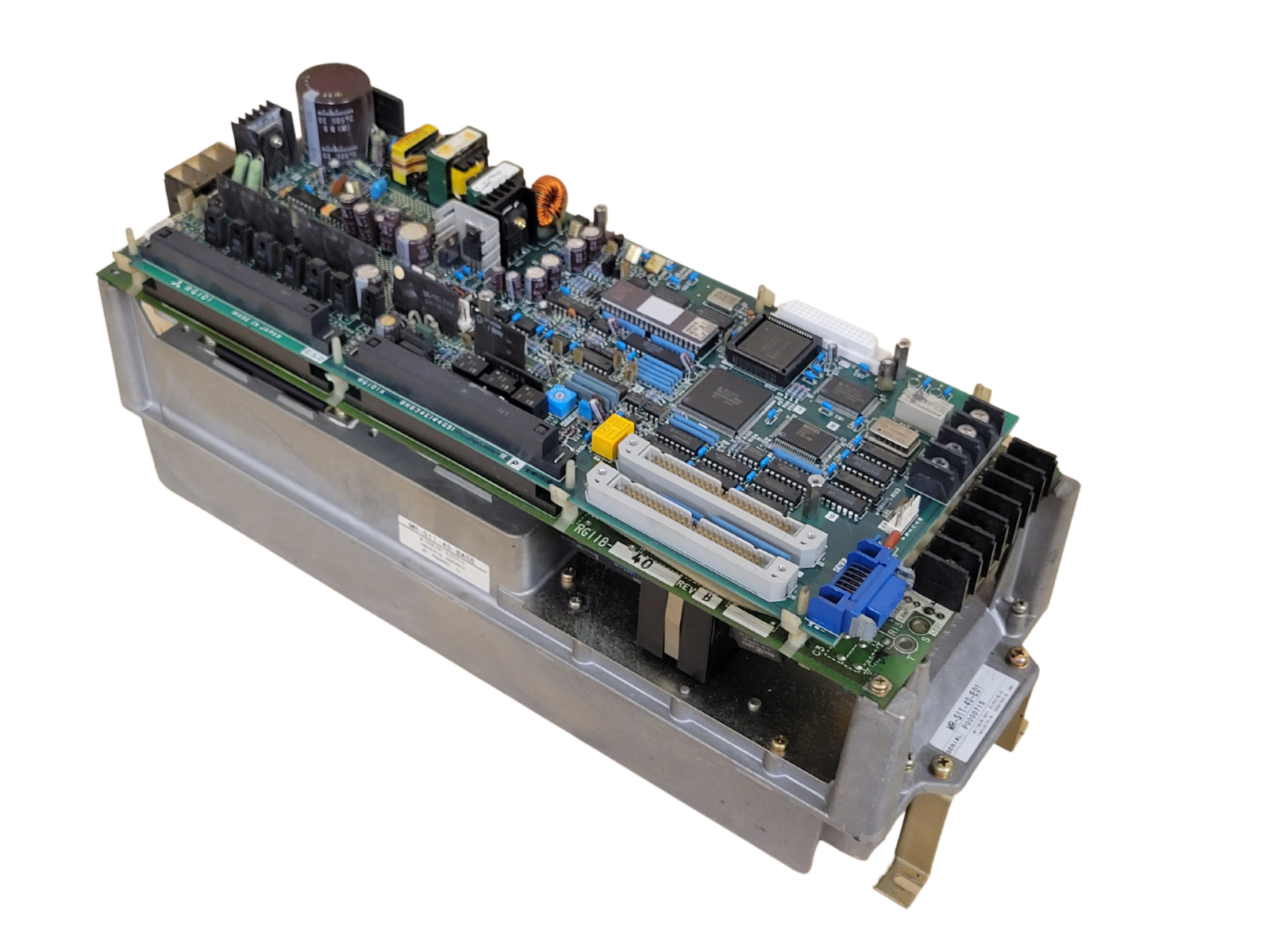 Computer motherboard with various components on a white background