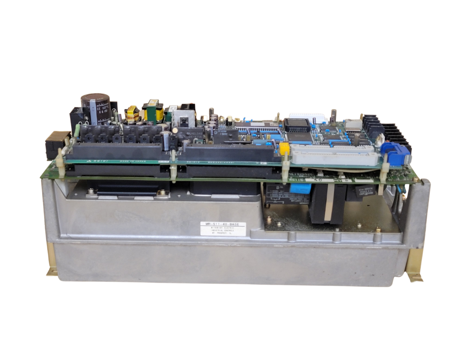 Electrical panel with various components on a white background