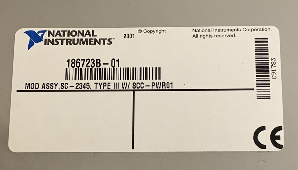 National Instruments label with product details and barcodes on a beige background