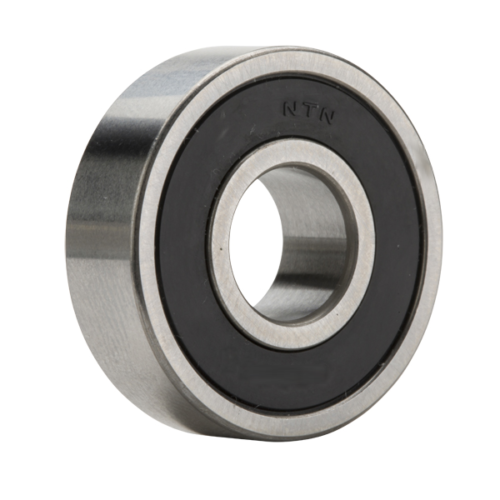Metal bearing with black rubber seal on a white background