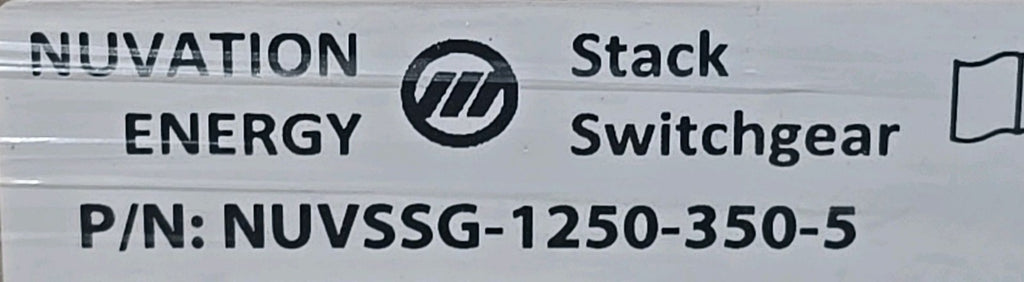 Stack switchgear label with NUVATION, ENERGY, and P/N details on a metallic background