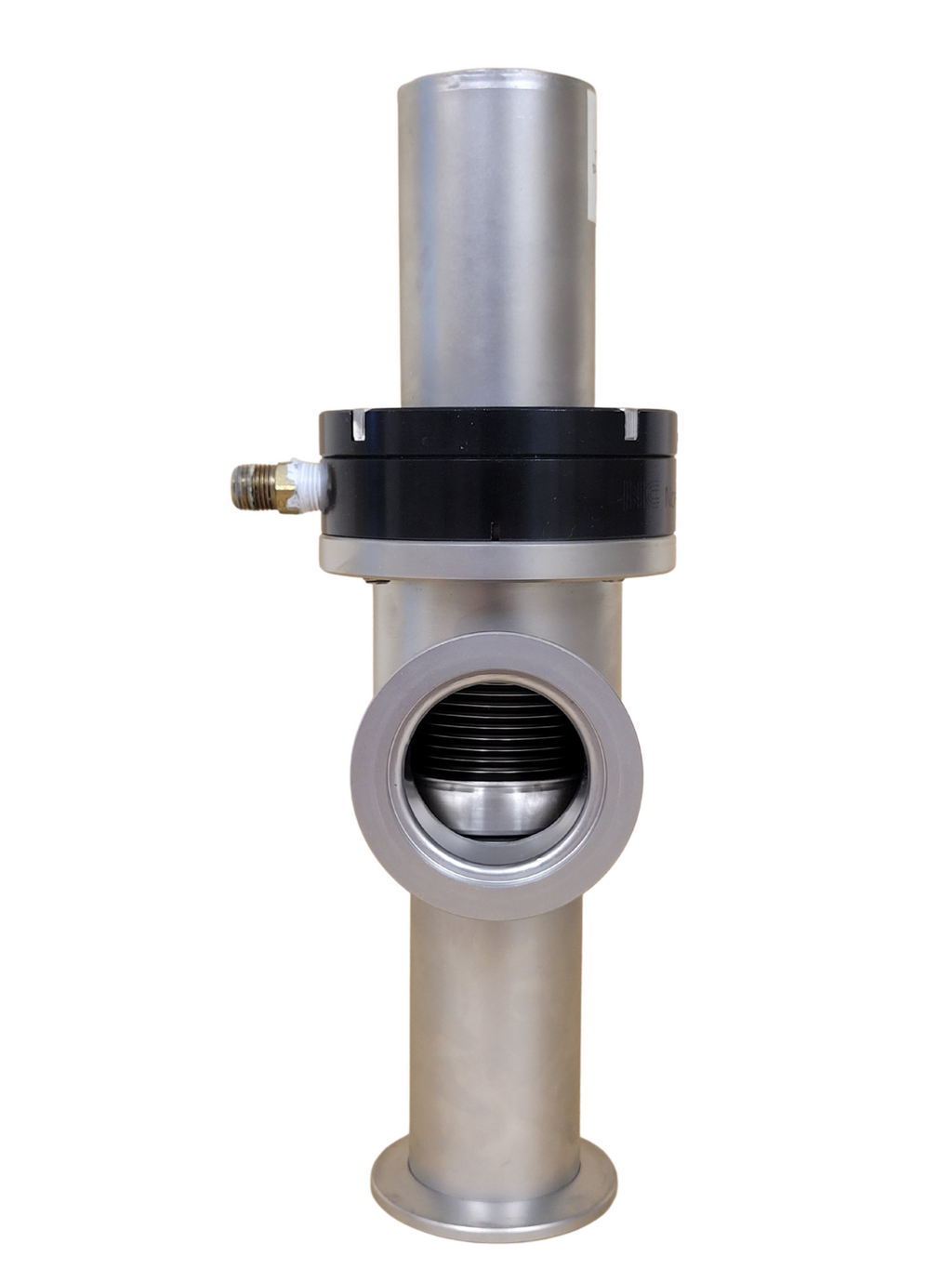 Metallic cylindrical component with a black ring on a white background