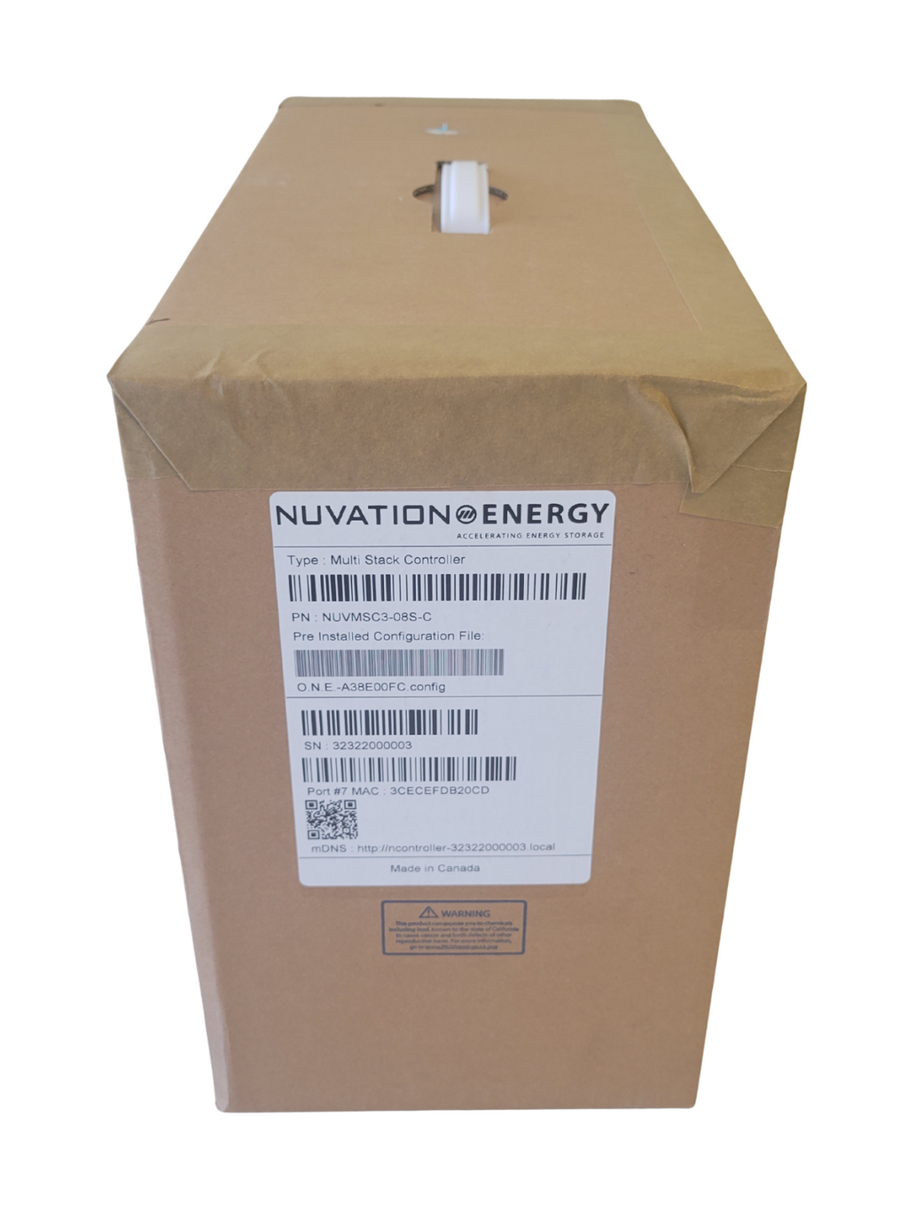 Cardboard box with Nuvation Energy label on a white background