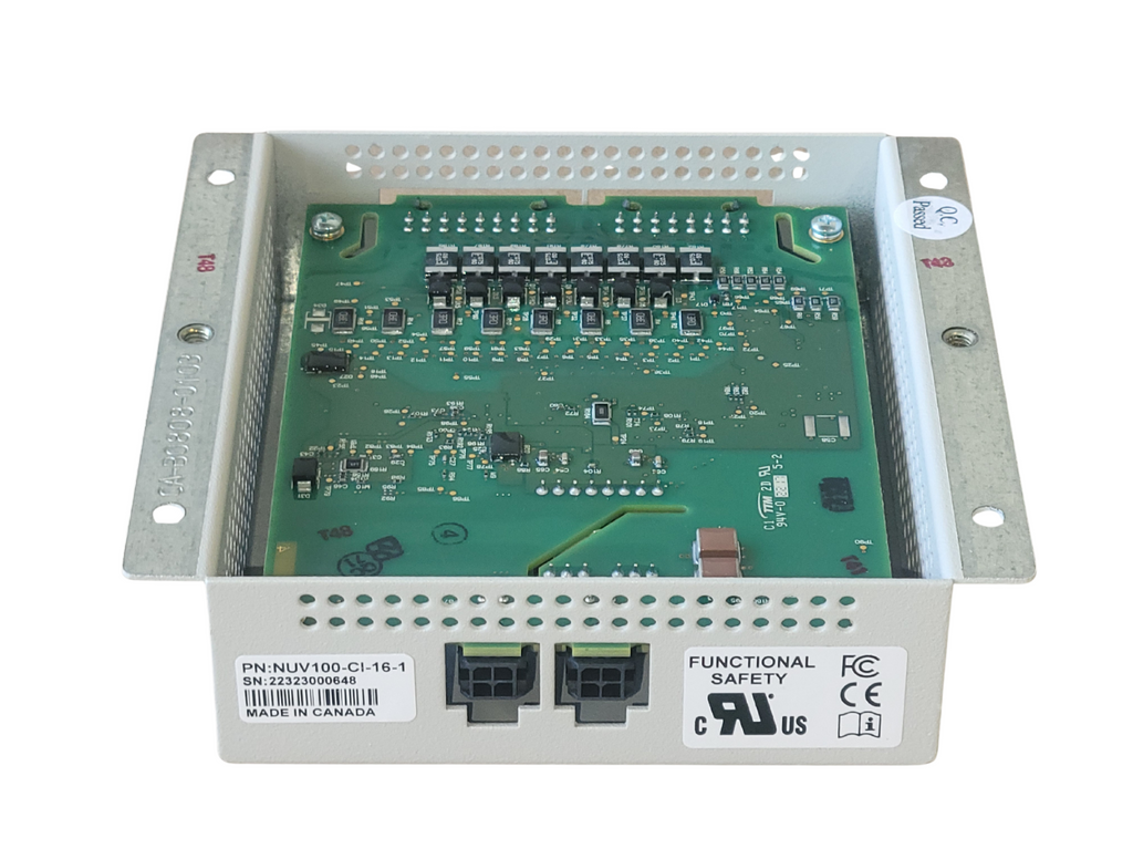 Electronic circuit board with metal casing on a white background