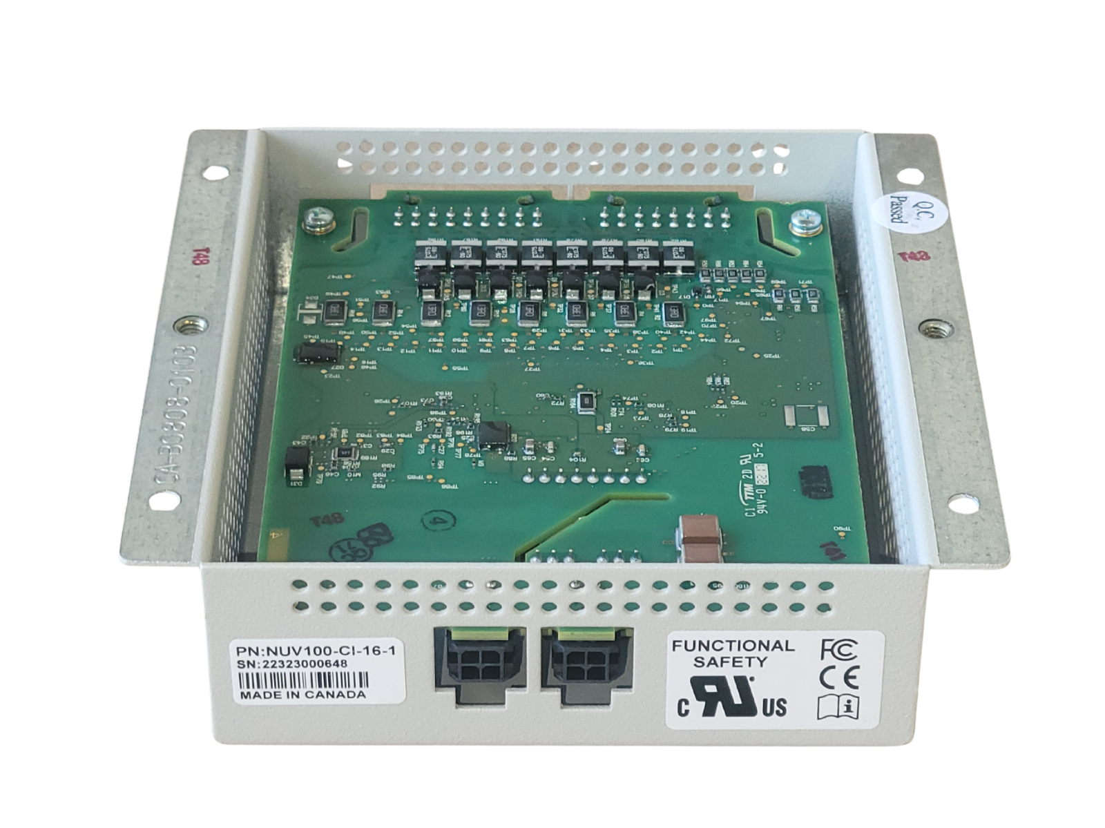 Electronic circuit board with metal casing on a white background