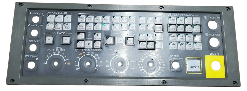 Control panel with buttons and dials on a gray background