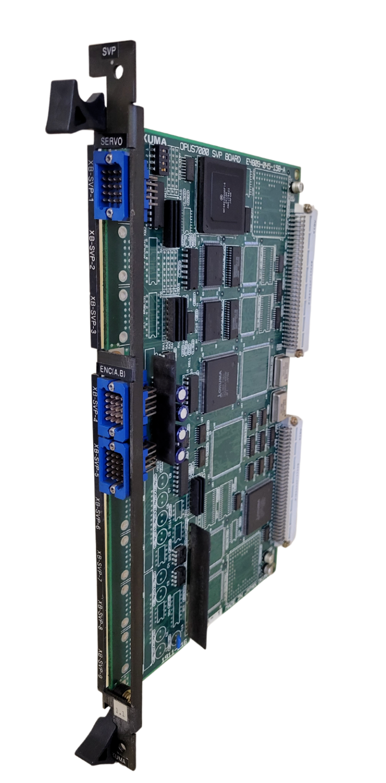 Computer motherboard with various components on a white background