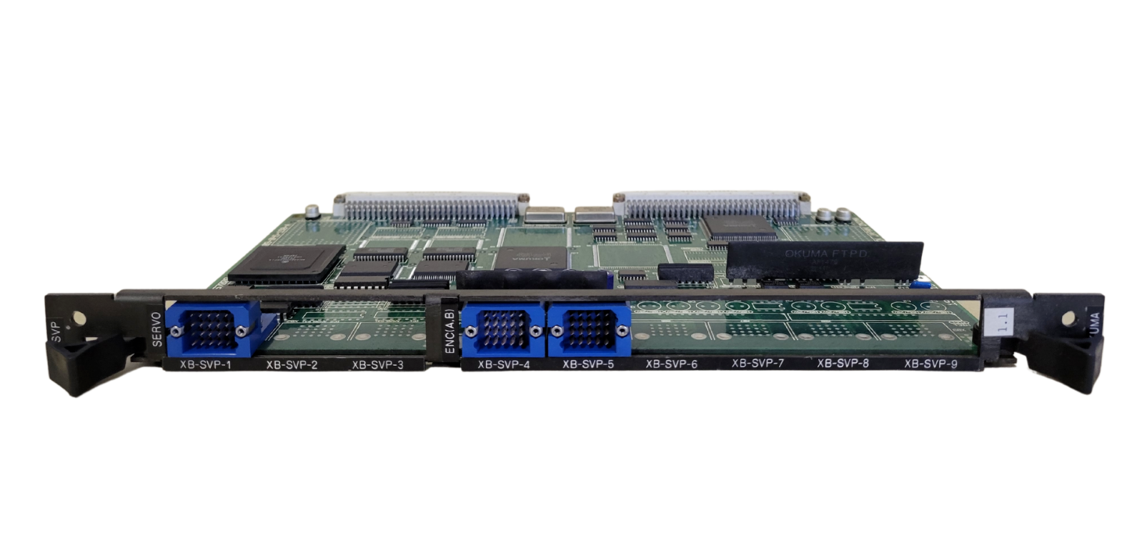 Computer motherboard with multiple slots and connectors on a white background