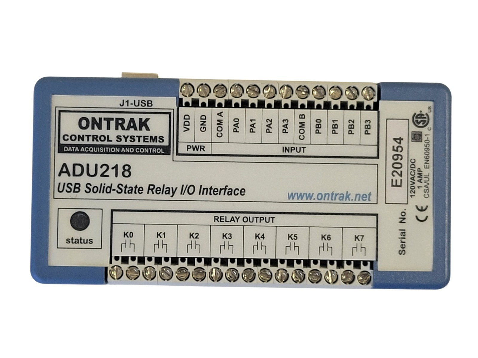 USB solid-state relay I/O interface board by ONTRAK on a white background