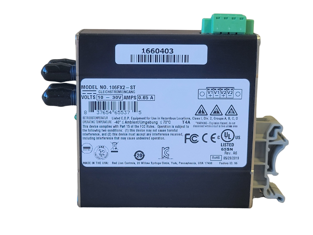 Electrical component with label and certification marks on a white background