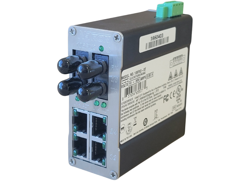 Network switch with multiple ports on a white background