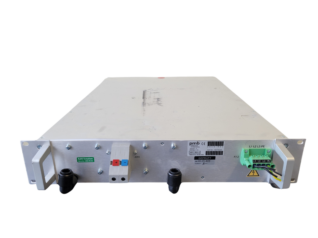 Electronic device with various ports and labels on a white background