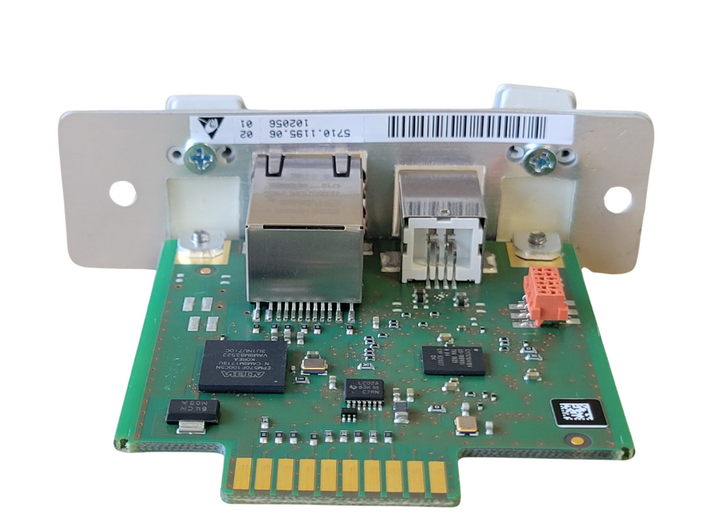 Electronic circuit board with various components on a white background