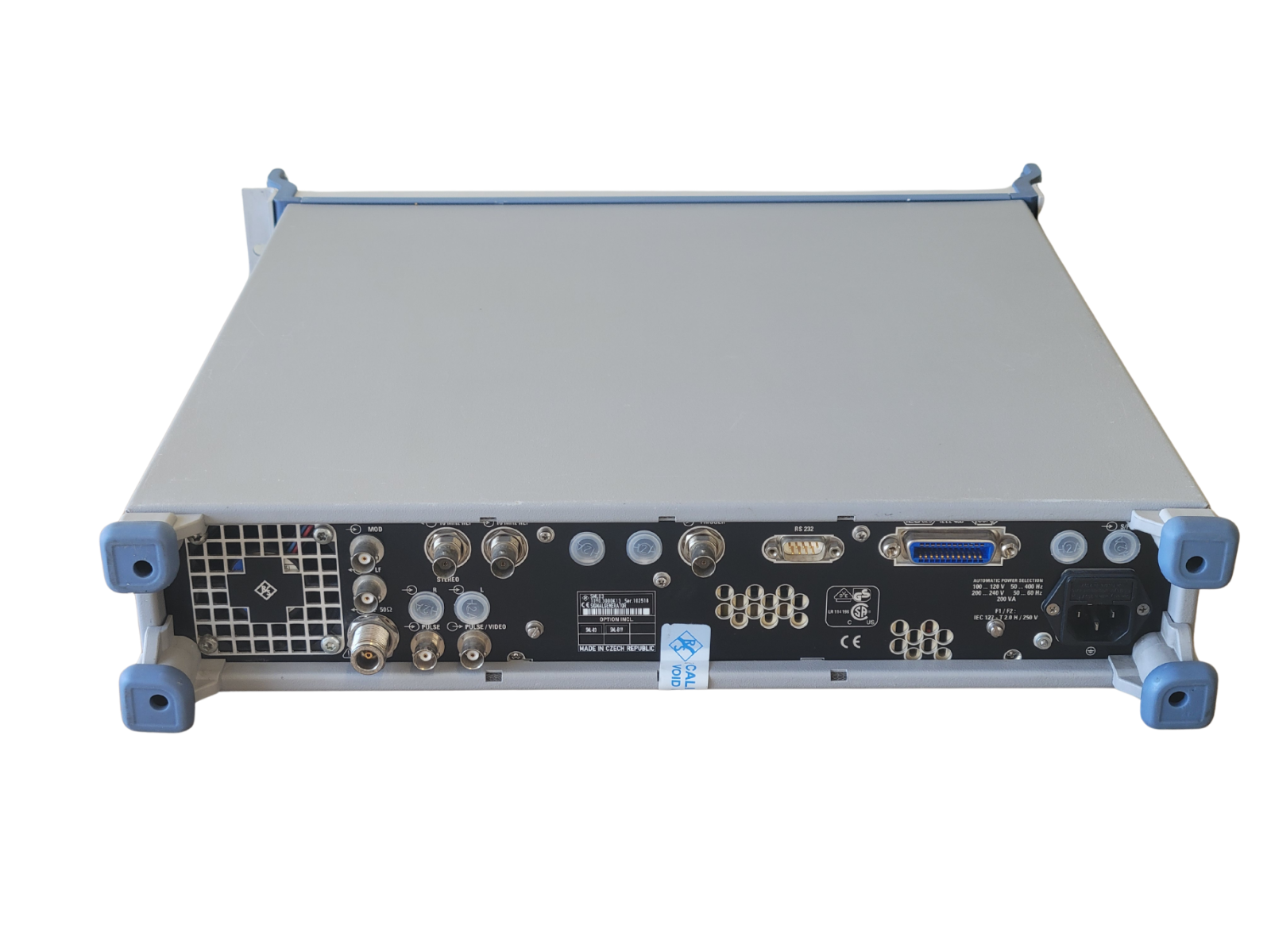 Electronic device with various ports and connectors on a white background