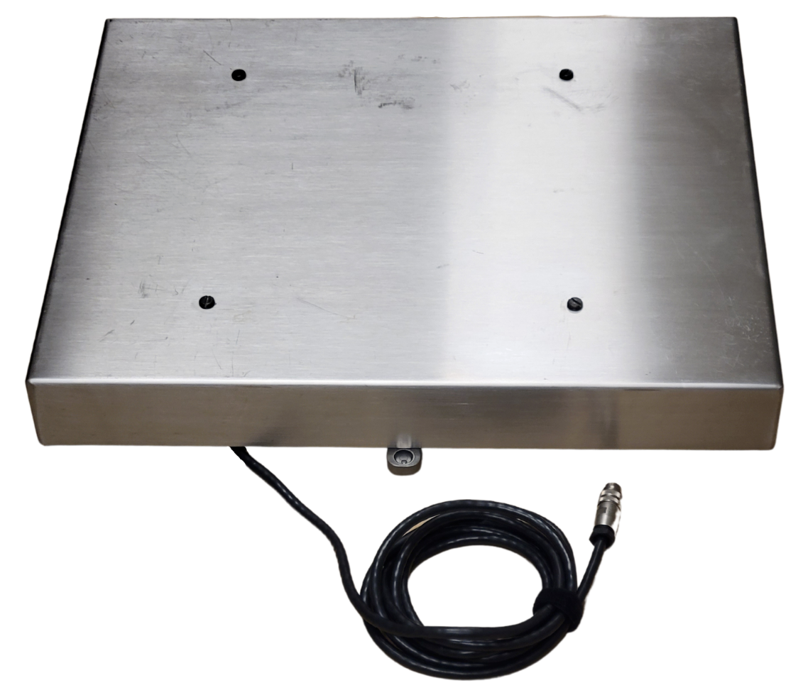 Metallic rectangular plate with a cable on a white background