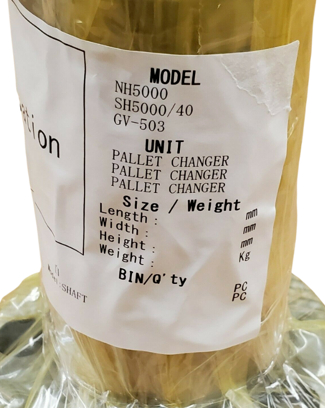 Pallet changer unit with specifications on a label