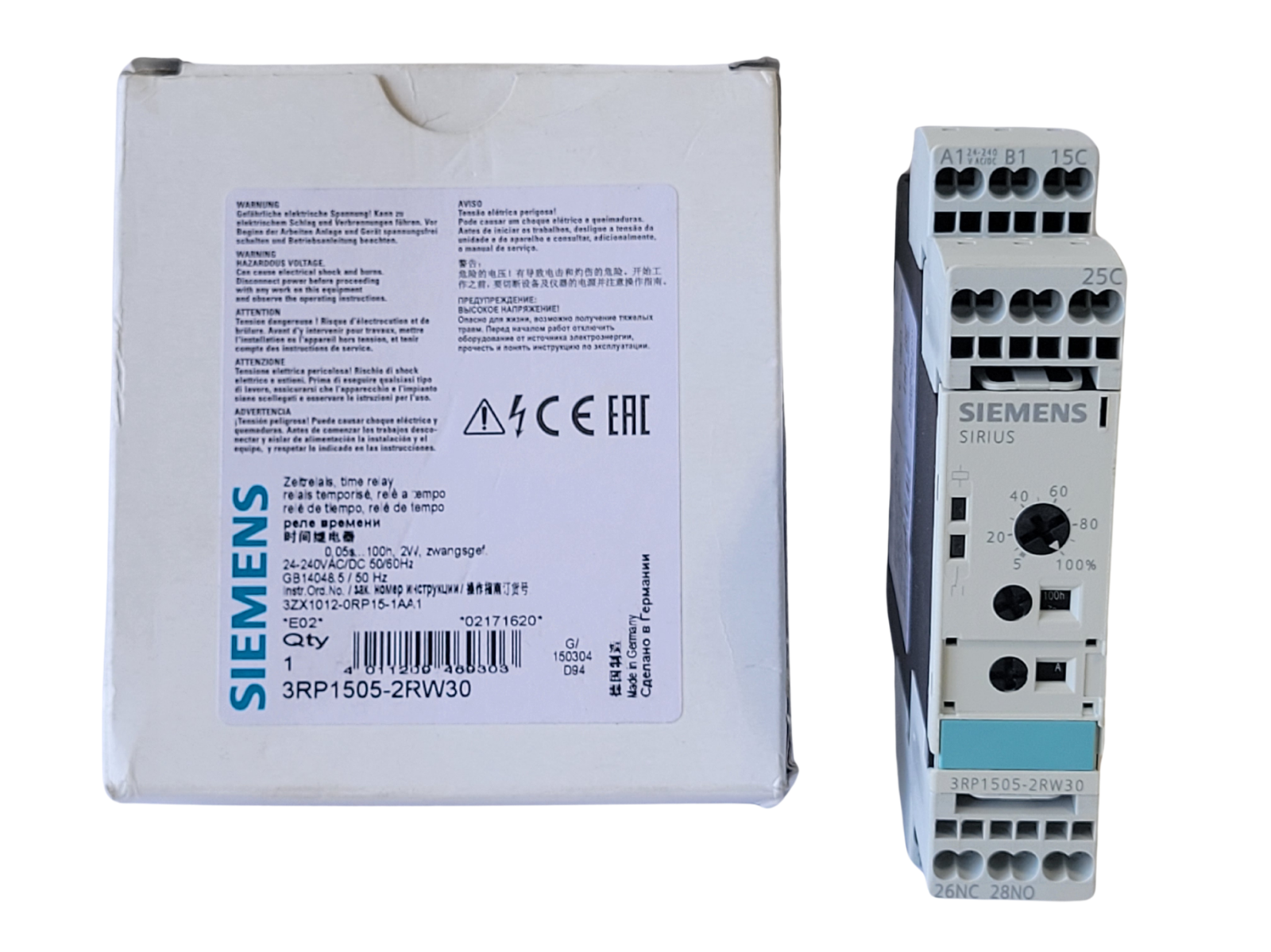 Siemens relay and its packaging on a white background