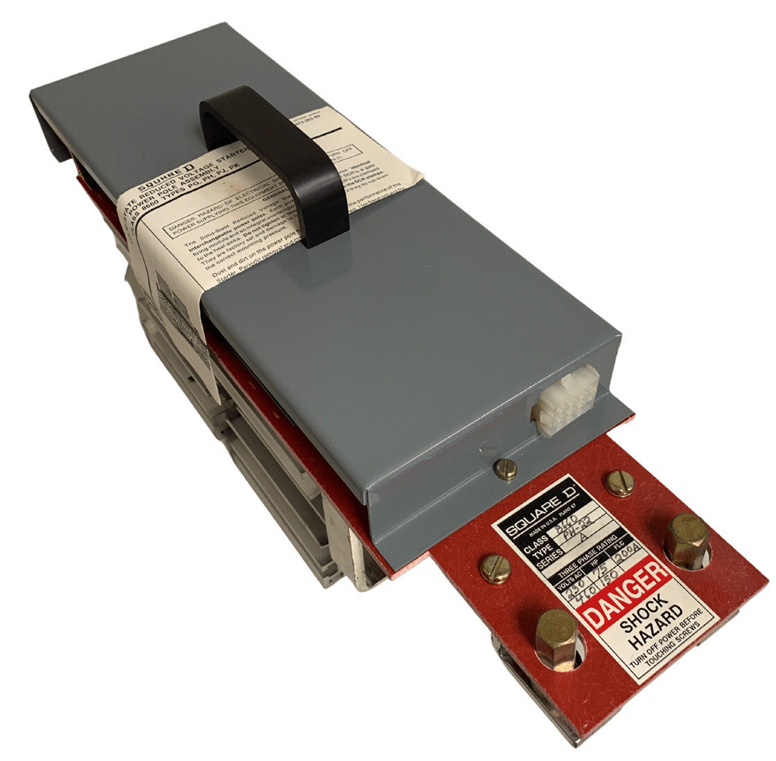 Electrical safety device with warning labels on a white background