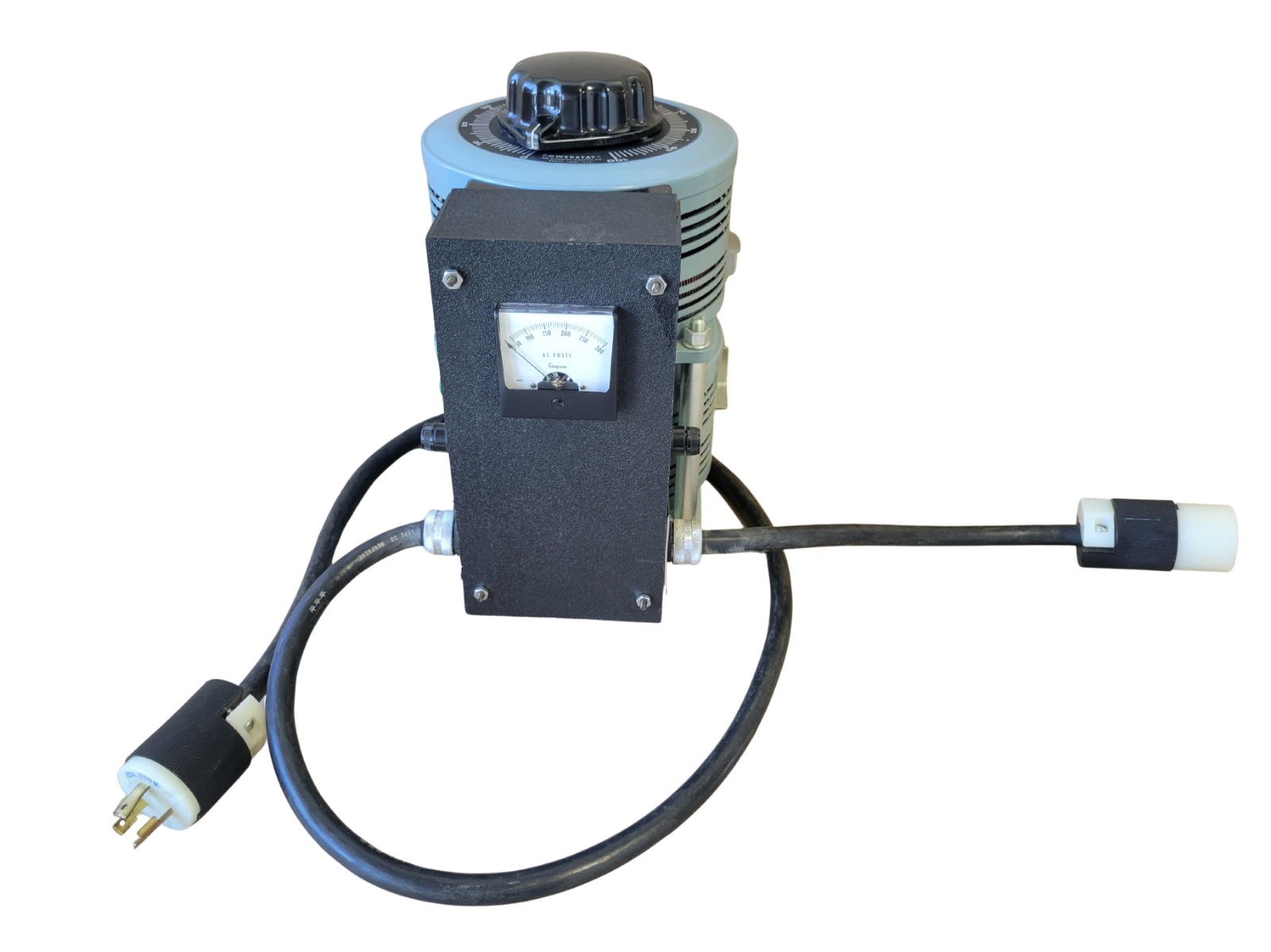 Mechanical device with a black control panel and blue cylindrical component on a white background