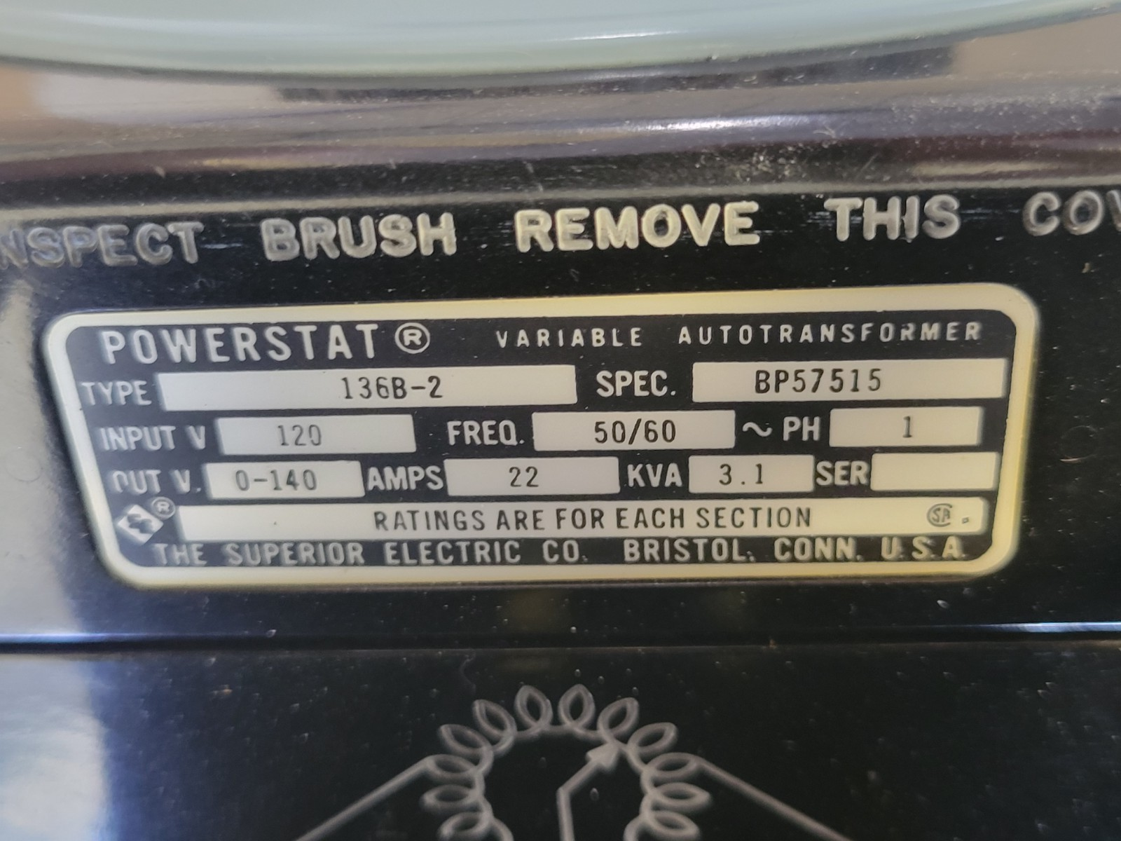 Label on a Powerstat variable autotransformer with specifications.