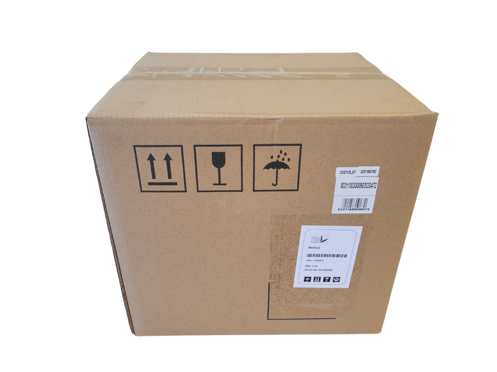 Cardboard box with shipping labels and icons on a white background