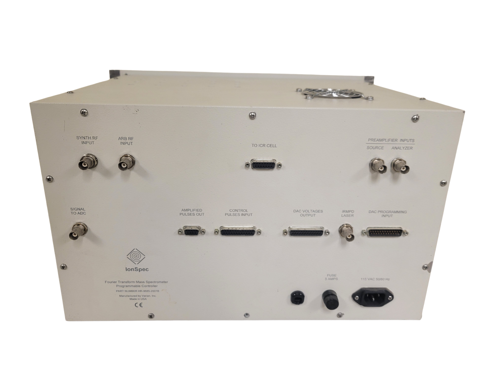 Back panel of electronic equipment with various connectors and branding on a white background