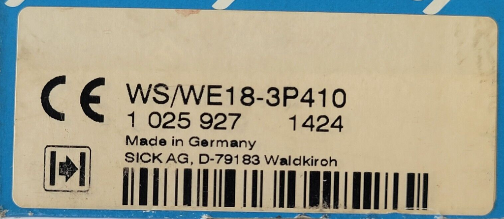 Product label with CE mark, model number, barcode, and SICK AG information on a blue background.