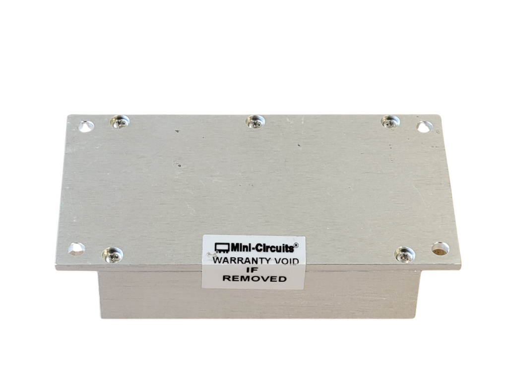 Metallic box with a 'Mini-Circuits' label on a white background