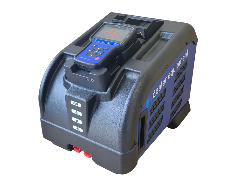 Gray and blue electronic device with a screen on a white background