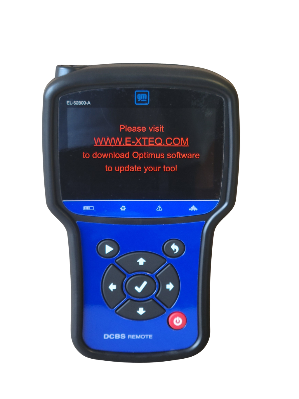 Diagnostic tool with a screen displaying software update instructions on a white background